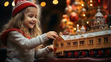 bambino giochi con giocattolo treno seduto ubder christma albero foto