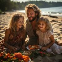 allegro famiglia godendo un' picnic su il sabbioso riva foto