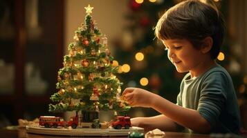 bambino giochi con giocattolo treno seduto ubder christma albero foto