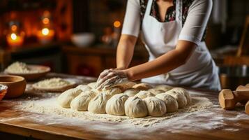 panettiere rotolamento Impasto nel caldo cucina sfondo con vuoto spazio per testo foto