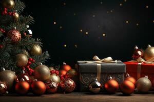 ai generativo Natale bandiera con copia spazio per testo, Santa Claus celebrare con confezioni regalo, abete albero rami e rosso ornamenti, buio colore sfondo foto