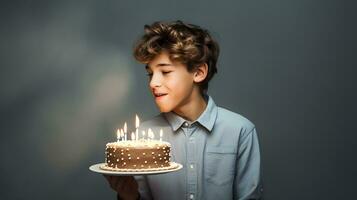 caucasico ragazzo e un' compleanno torta con candele foto