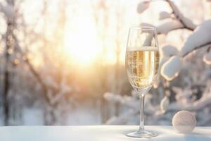 bicchiere di Champagne nel un' inverno foresta. Natale e nuovo anno celebrazione. copia spazio. ai generato. foto