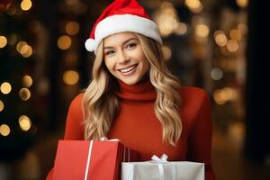 contento giovane donna nel Santa Claus cappello Tenere regalo scatole su festivo sfondo. Natale, nuovo anno. ai generato. foto