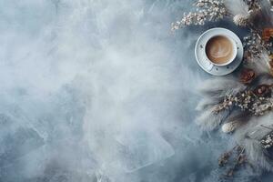 inverno sfondo con copia spazio. rami, abete coni e un' tazza di caffè, superiore Visualizza. ai generato. foto