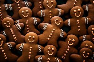un' lotto di Pan di zenzero uomini fatti in casa biscotti. Natale pasticcini. vicino su, superiore Visualizza. ai generato. foto