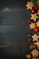 Natale Pan di zenzero fatti in casa biscotti e stella anice sfondo, copia spazio. inverno vacanze pasticcini. ai generato. foto