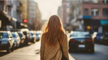 posteriore Visualizza di giovane donna passeggiando su città strada. generativo ai foto