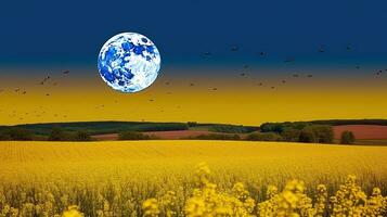 giallo mostarda campo paesaggio industria di agricoltura con pieno Luna - elementi di Questo Immagine arredato di nasa. generativo ai foto