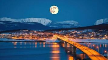 pieno Luna getto suo magico leggero al di sopra di il urbano paesaggio. generativo ai foto