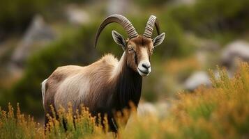 selvaggio montagna Marrone e nero capra con lungo corna in piedi su erba. generativo ai foto