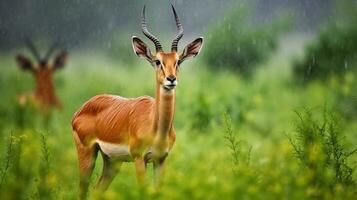 grazioso animali selvatici, travolgente kob antilope nel suo naturale habitat, fiorente nel il pioggia. generativo ai foto