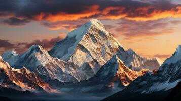 montagna picco di il tibetano snow-capped montagne, un' bellissimo panorama di il montagne a tramonto di il giorno, generativo ai foto