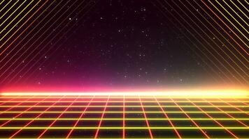 retrò stile anni '80-'90 laser neon sfondo. futuristico griglia paesaggio. digitale informatica superficie. adatto per design nel il stile di il Anni '80 -'90. 3d illustrazione foto