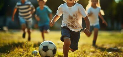 di base calcio emozioni, giovane Giocatori sguinzagliare passione su il campo. generativo ai foto