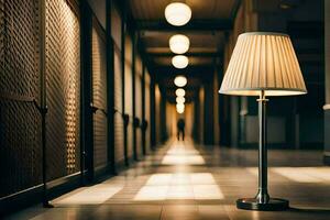 un' lampada è seduta su un' pavimento nel un' corridoio. ai-generato foto