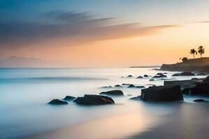 un' lungo esposizione fotografia di il oceano e rocce a tramonto. ai-generato foto