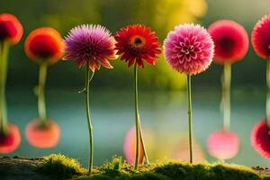 quattro colorato fiori siamo in piedi nel davanti di un' lago. ai-generato foto