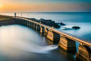 un' lungo esposizione foto di un' ponte al di sopra di il oceano. ai-generato