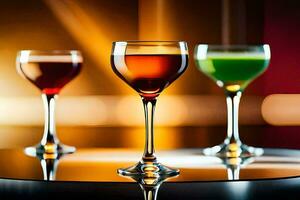 tre bicchieri di diverso colorato bevande su un' tavolo. ai-generato foto