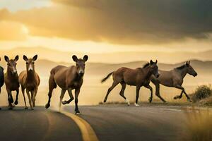 un' gruppo di cavalli in esecuzione attraverso un' strada. ai-generato foto
