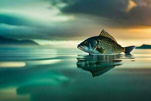 un' pesce nuoto nel il acqua a tramonto. ai-generato foto