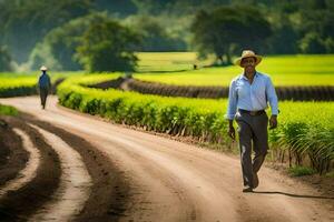 un' uomo a piedi giù un' sporco strada nel un' riso campo. ai-generato foto