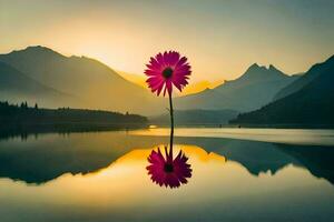 un' singolo fiore sta nel il mezzo di un' lago a tramonto. ai-generato foto
