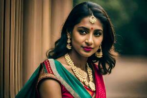 un' bellissimo indiano donna nel un' rosso e verde sari. ai-generato foto