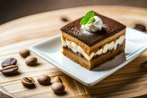 un' pezzo di torta con frustato crema e caffè fagioli. ai-generato foto