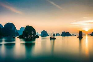 il sole imposta al di sopra di il acqua nel halong baia, Vietnam. ai-generato foto