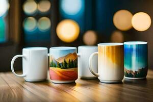 cinque caffè tazze con diverso disegni su loro. ai-generato foto