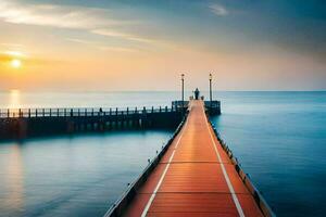 un' molo con un' lungo di legno ponte principale per il oceano. ai-generato foto