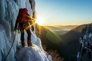 avventuriero ascende un' congelato cascata rivelatrice stadi di ghiacciato arrampicata progressione foto