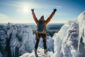trionfante scalatore in cima congelato cascata sfondo con vuoto spazio per testo foto