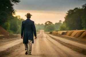 un' uomo nel un' completo da uomo e cappello passeggiate giù un' sporco strada. ai-generato foto