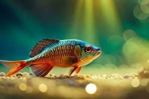 un' pesce è in piedi su il terra con un' luminosa luce. ai-generato foto