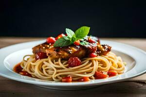 un' piatto di spaghetti con carne e pomodori. ai-generato foto