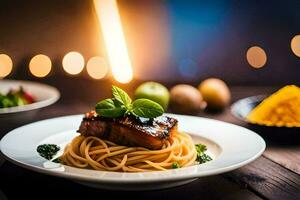 un' piatto di spaghetti con carne e verdure. ai-generato foto