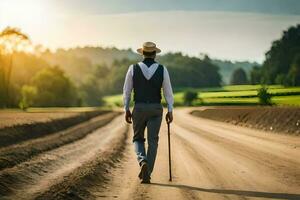 un' uomo a piedi giù un' sporco strada con un' canna. ai-generato foto