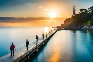 persone a piedi su un' molo a tramonto. ai-generato foto