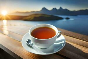 un' tazza di tè su un' di legno tavolo con un' Visualizza di il montagne. ai-generato foto