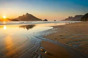 tramonto su il spiaggia con onde e montagne. ai-generato foto