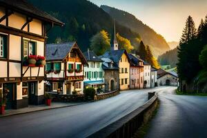 un' bellissimo villaggio strada nel il montagne. ai-generato foto