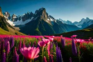 il fiori nel il prato siamo rosa e viola fiori. ai-generato foto