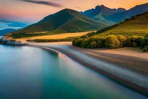 un' bellissimo spiaggia e montagne a tramonto. ai-generato foto