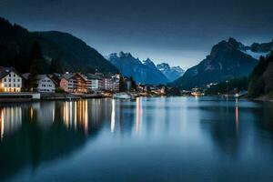 un' lago e montagne a notte. ai-generato foto