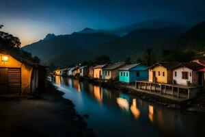 foto sfondo il cielo, acqua, montagne, il notte, il fiume, case, il villaggio. ai-generato