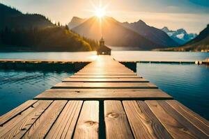 un' di legno bacino conduce per un' lago e montagne. ai-generato foto