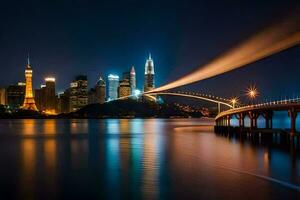 il città orizzonte a notte con un' ponte al di sopra di acqua. ai-generato foto
